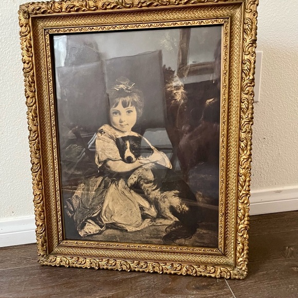 Vintage Gold Framed Child and Dog Art Print 16/20 Inch - Picture 1 of 10